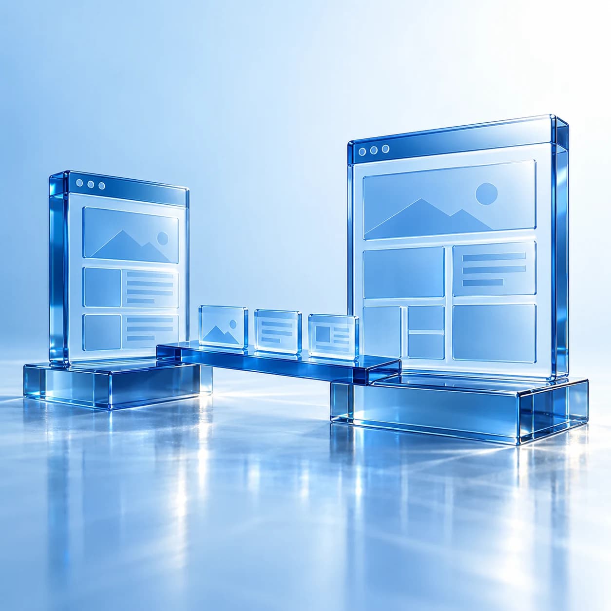 Two blue glass website structures joined by a bridge carrying content blocks